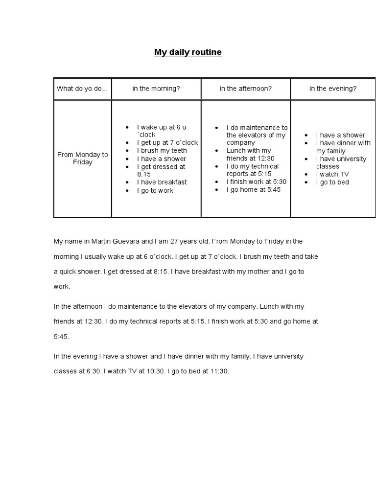My Daily Routine: A Weekday Overview | PDF | Wellness | Lifestyle