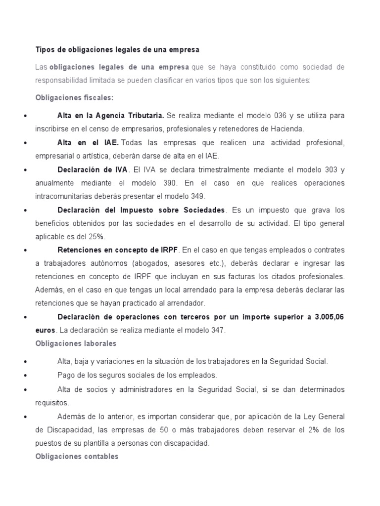 Obligaciones Legales para Empresas | PDF | Outsourcing | Contabilidad