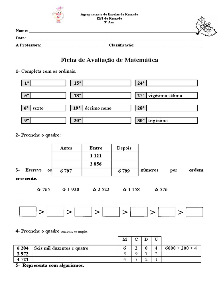 ficha de avaliação 1º período de matemática 3º ano | PDF | Ensino de ...