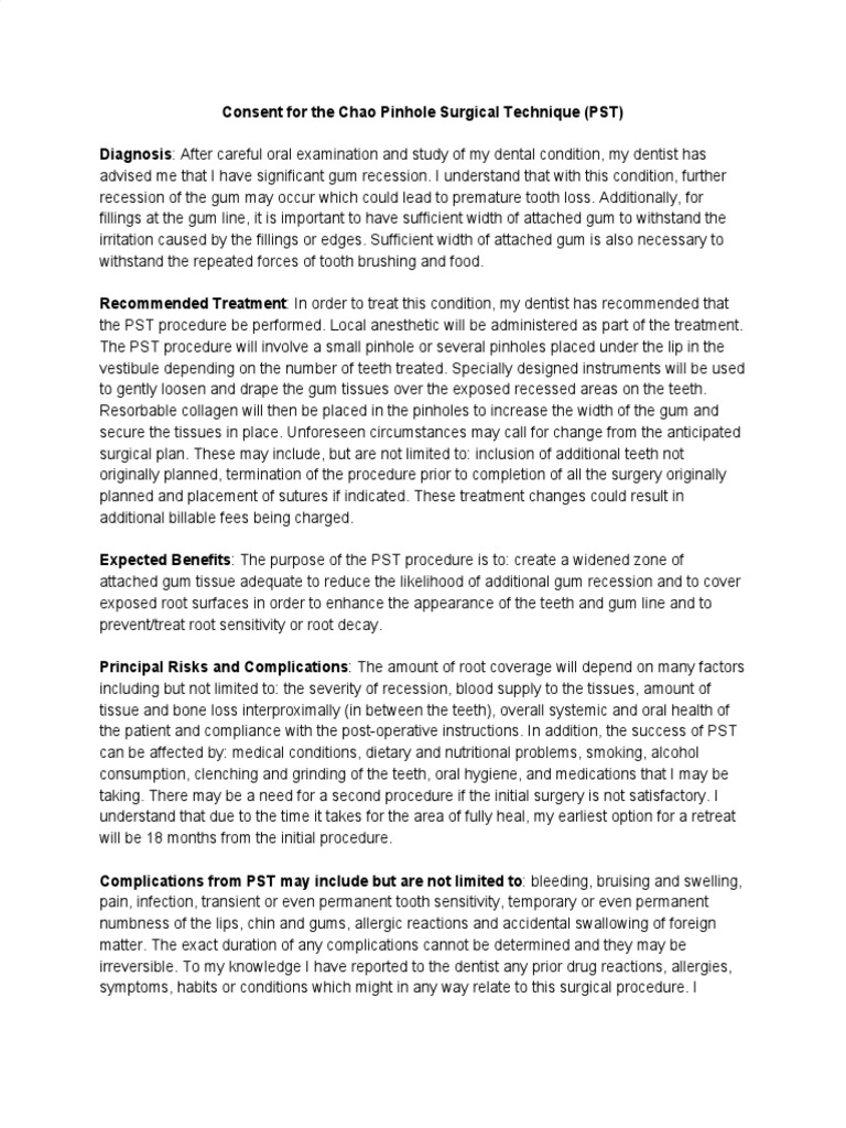 Chao Pinhole Surgical Technique Consent Form | PDF | Surgery | Dentistry