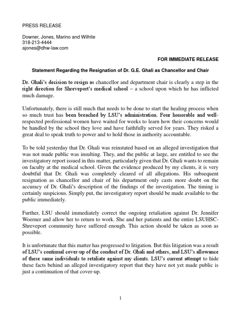 Statement of Attorney Allison Jones On The Resignation of Dr. G.E