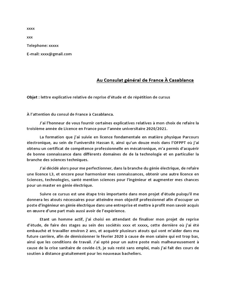 Lettre explicative pour reprise d'études PDF Ingénieur Science — free download