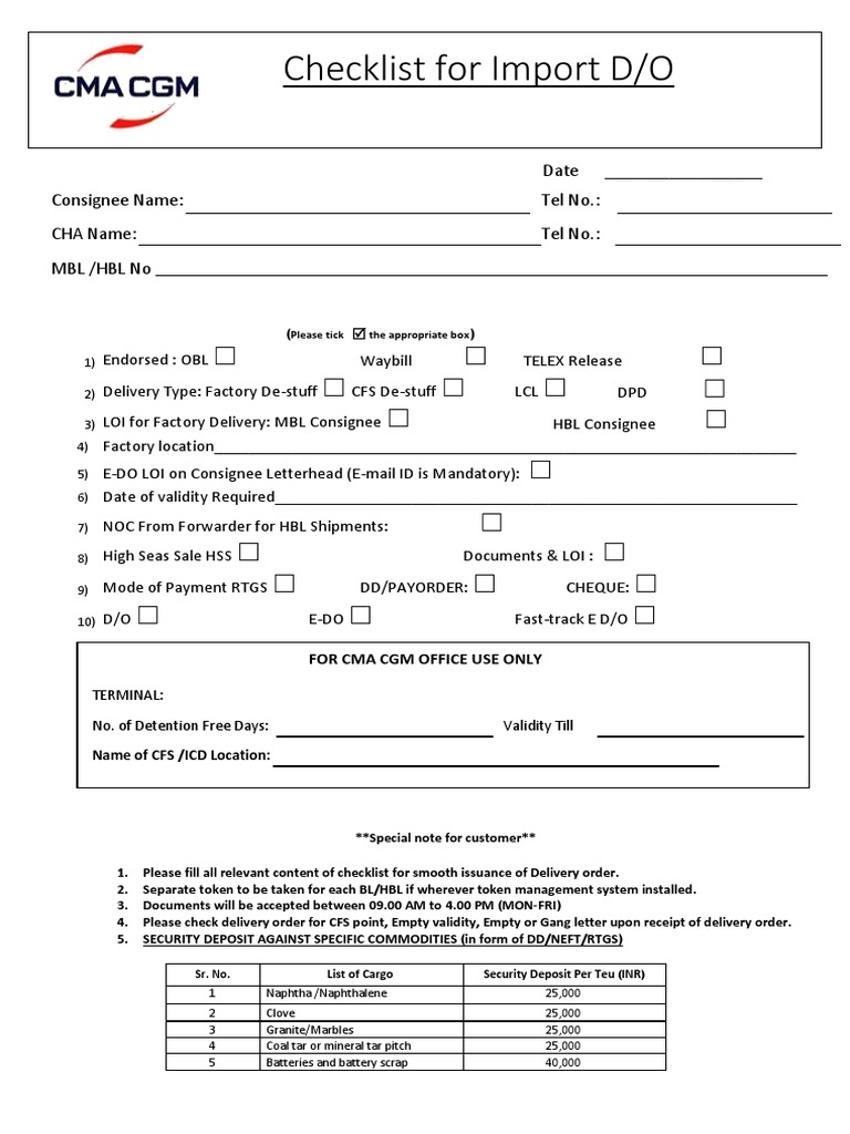 CMA CGM Import Delivery Order Checklist | PDF | Freight Transport ...