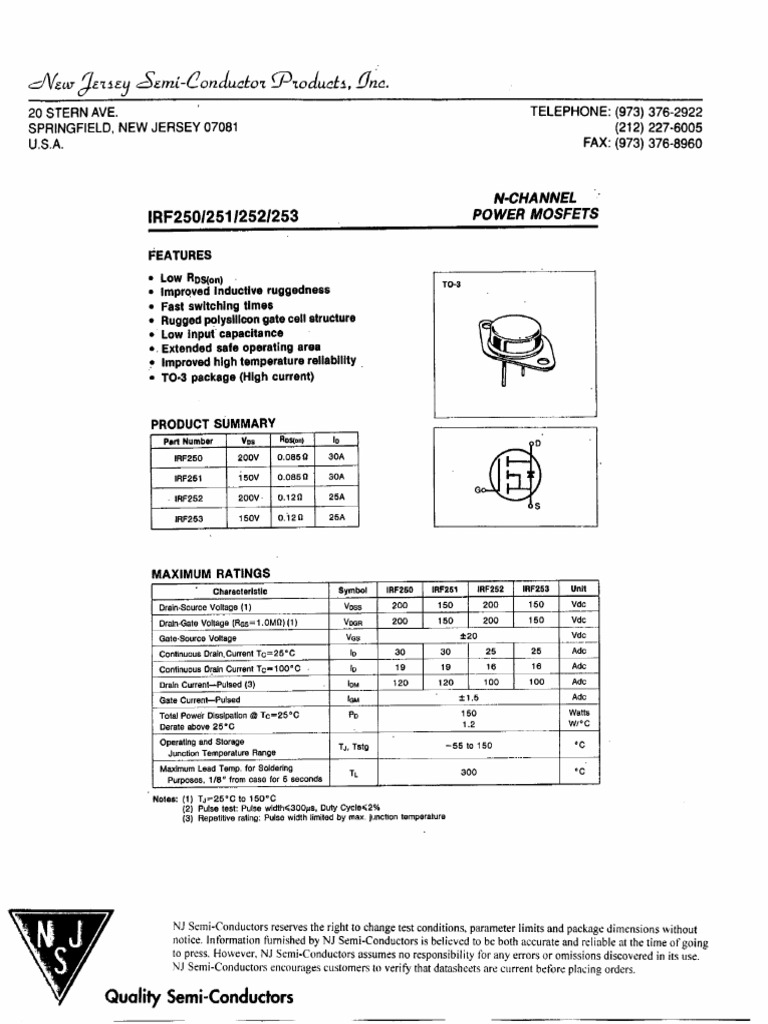 IRF250 N-Channel MOSFET Datasheet | PDF | Field Effect Transistor | Diode