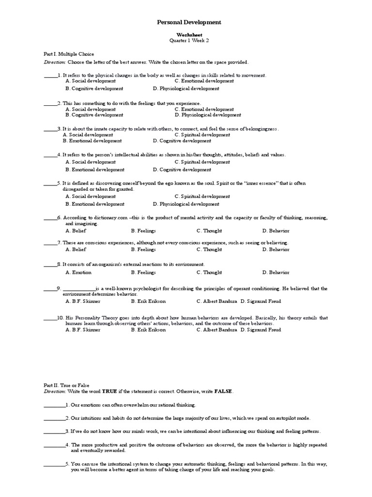 Worksheet Personal Dev't Week 2 | PDF | Feeling | Thought