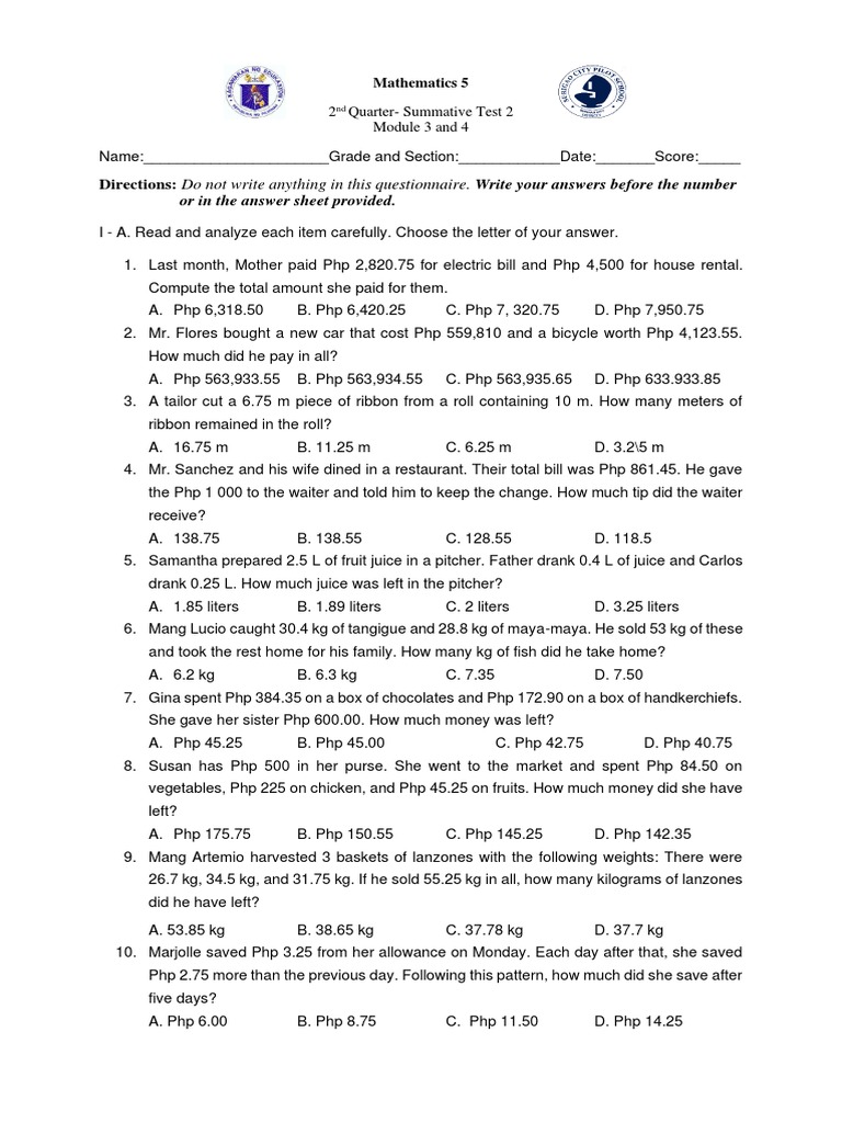 Q2 Math Summative Test 2 | PDF | Teaching Mathematics | Business