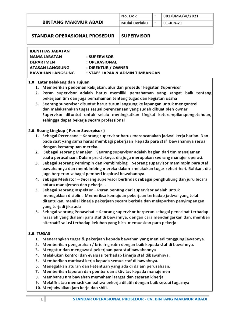 Tugas dan Wewenang Supervisor Operasional | PDF
