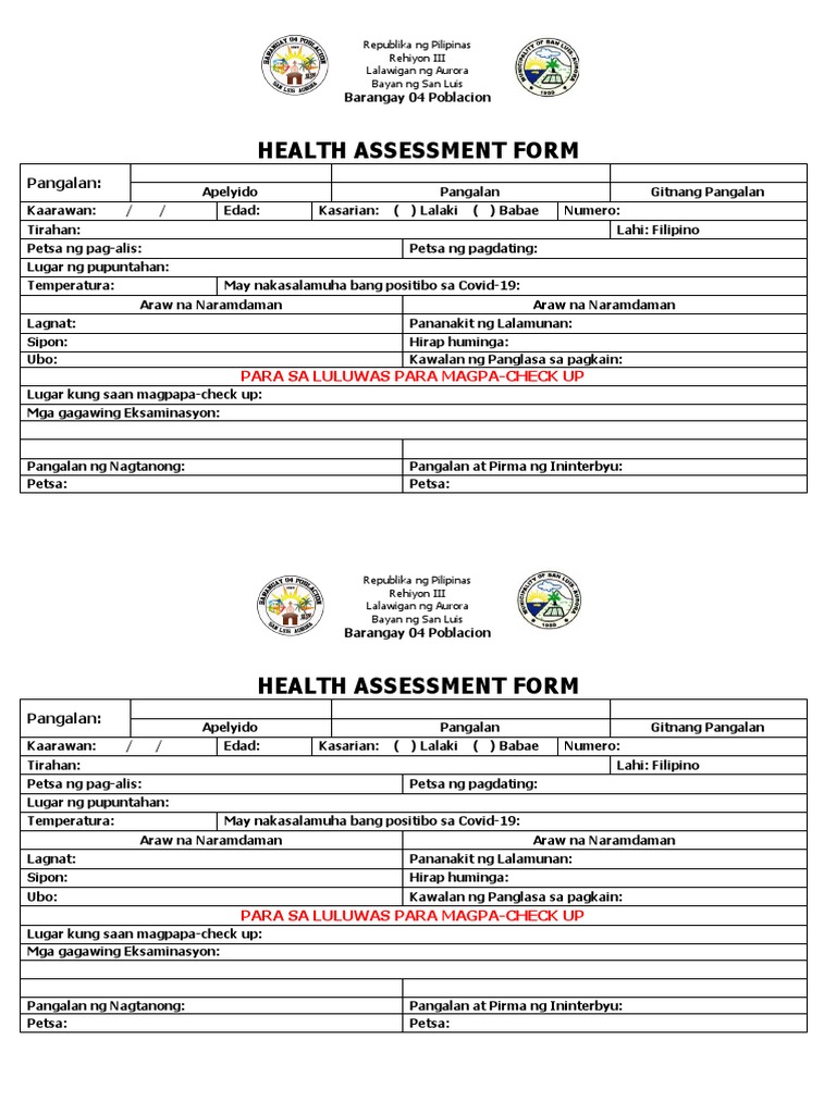 Barangay Health Assessment Form | PDF | Symptom | Physiology
