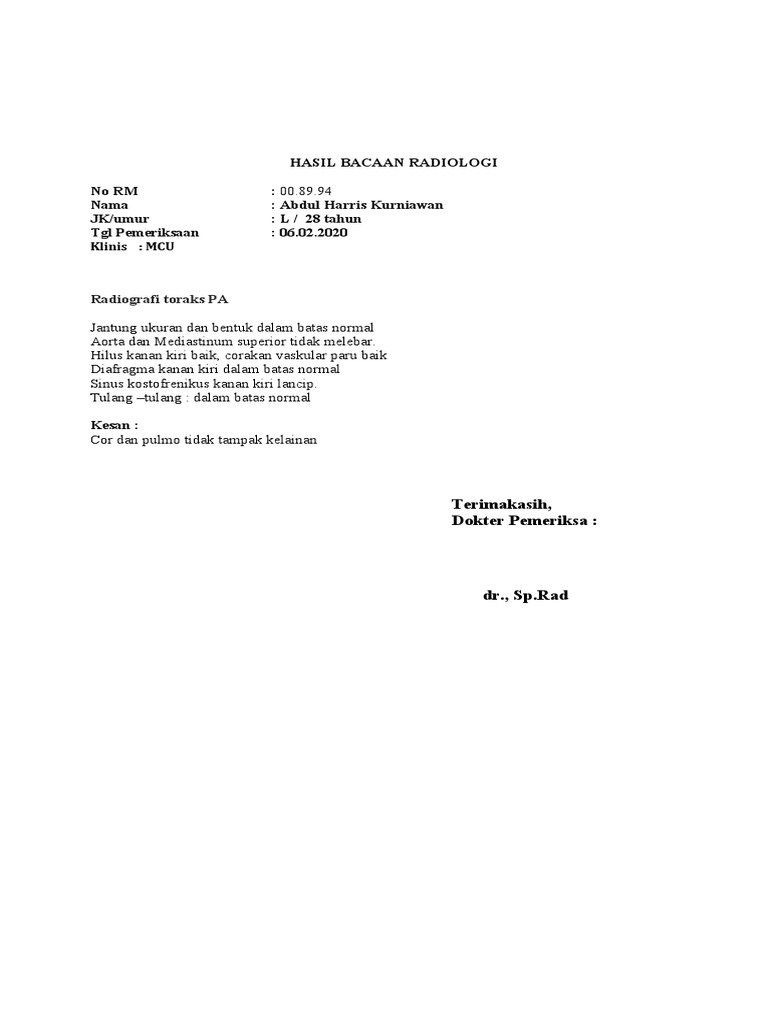 Hasil Radiologi Thorax Normal | PDF