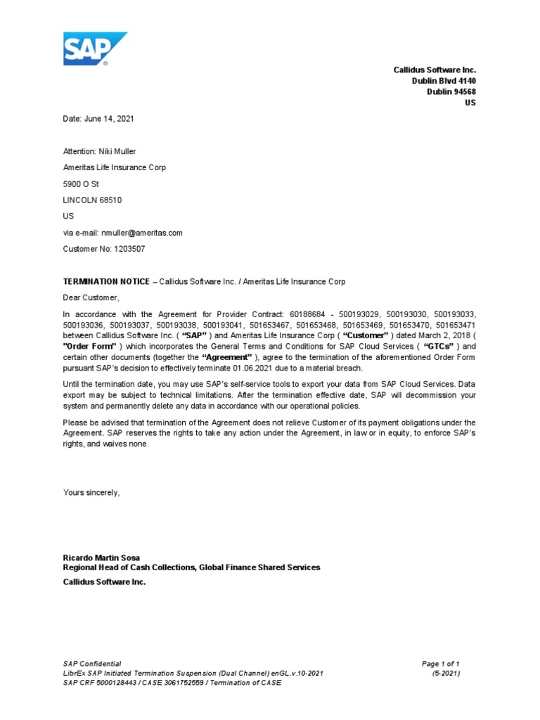 Termination Letter Ameritas Life Insurance Corp PDF
