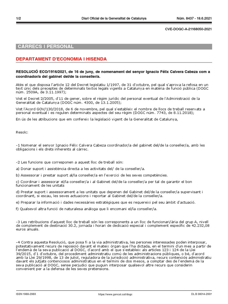 Nomenament Ignacio Félix Calvera Cabeza | PDF