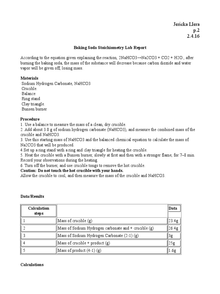 Baking Soda Stoichiometry Lab Report Jericka Llera p.2 2.4.16 Download Free PDF Sodium