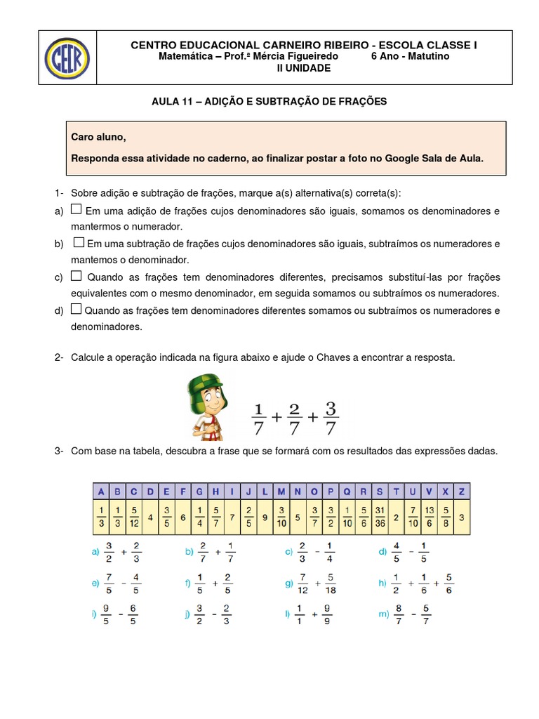 Adição e Subtração de Frações - 6º Ano | PDF