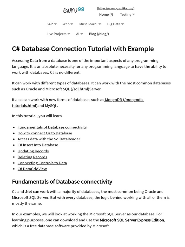 C# Database Connection Tutorial With Example | PDF | Databases | C ...