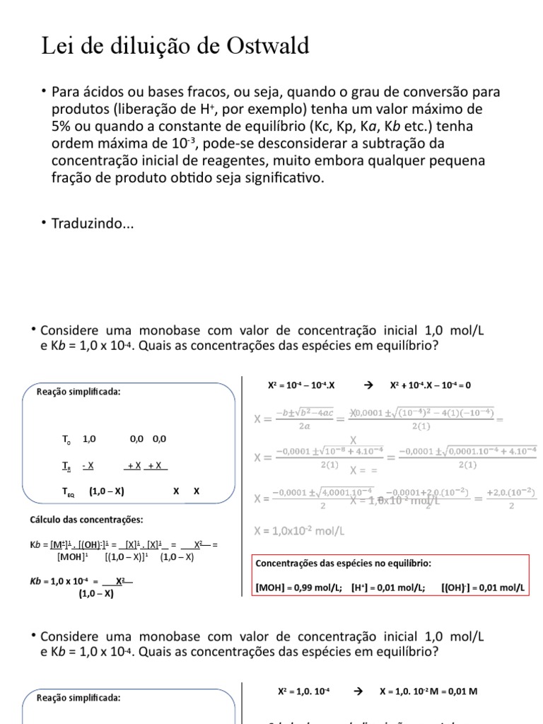 Lei de Diluição de Ostwald e Cálculos | PDF | Equilíbrio químico | Mol ...