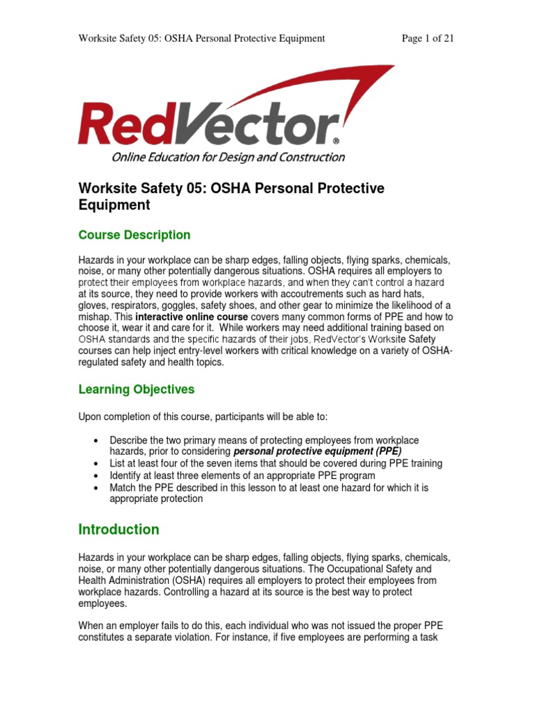 Worksite Safety 05 OSHA Personal Protective Equipment Course Description PDF Personal