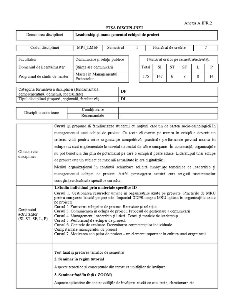 Fisa Disciplinei Leadership Si Managementul Echipei de Proiect | PDF