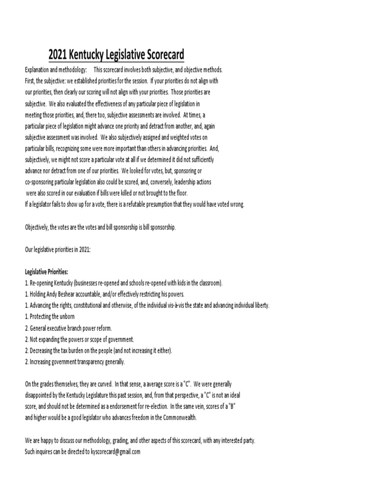 2021 Kentucky Legislative Scorecard | PDF | United States House Of ...
