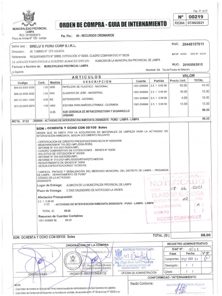Orden de Compra - Materiales de Limpieza F | PDF