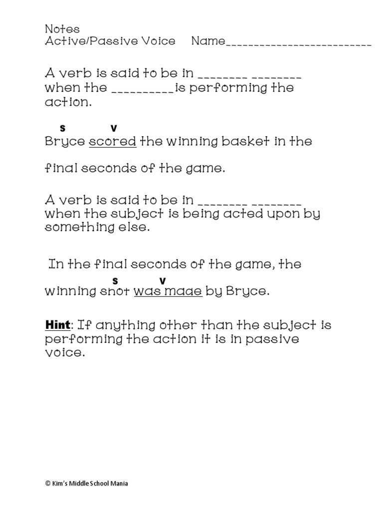 Notes Active/Passive Voice Name - : Hint: If Anything Other Than The ...