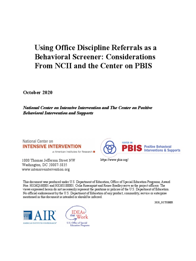 Office Discipline Referrals For Assessment PDF School Psychology