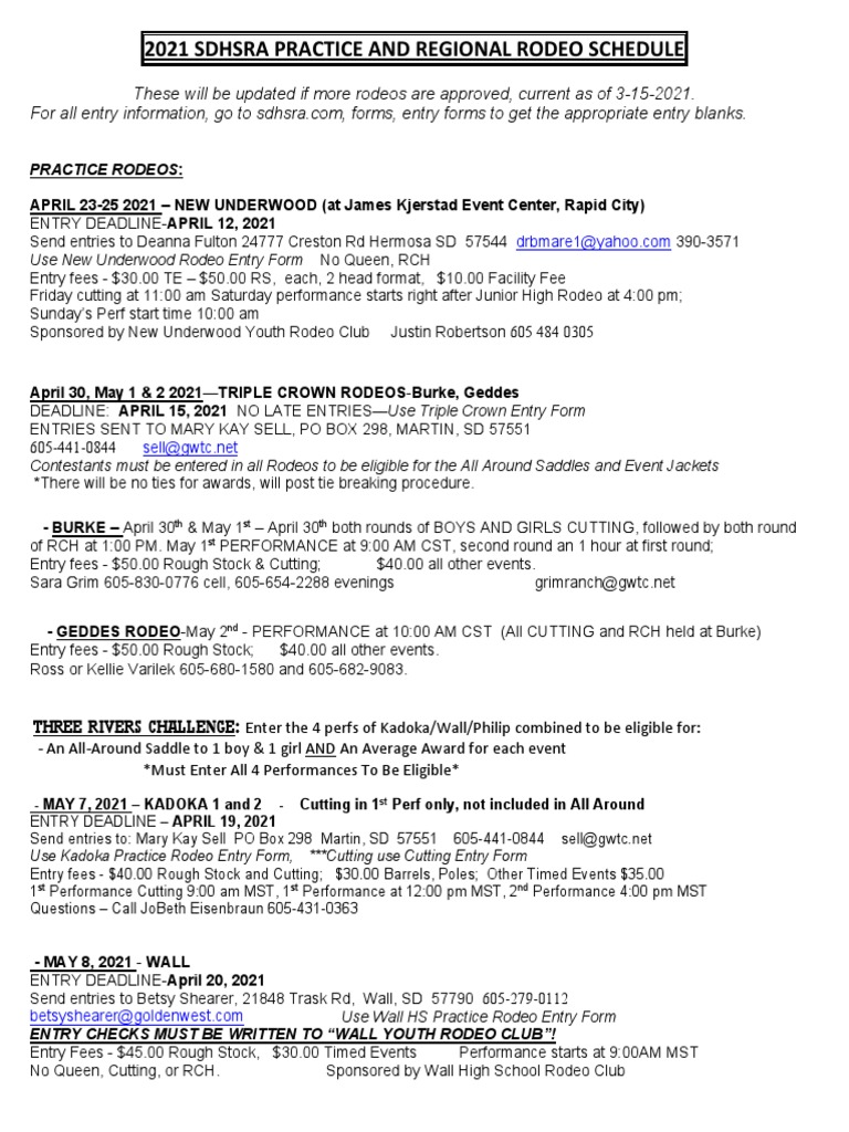 2021 Sdhsra Practice and Regional Rodeo Schedule | PDF | Rodeo ...