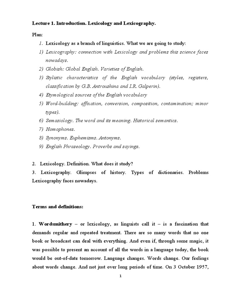Lecture 1. Introduction. Lexicology and Lexicography PDF Lexicology