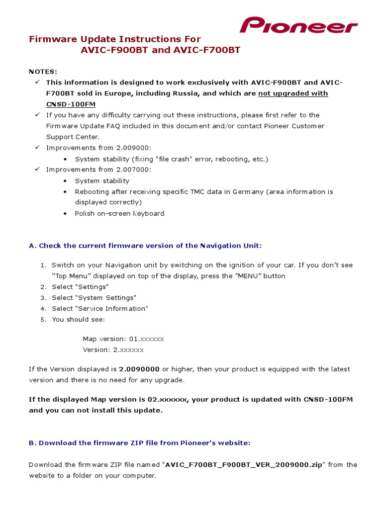 Firmware Update Instructions For AVIC-F900BT and AVIC-F700BT | PDF ...