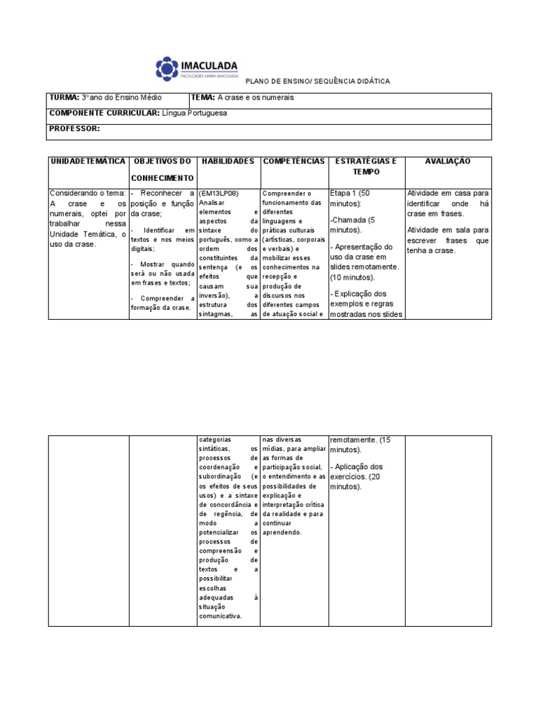 Plano de Aula - 3 Ano Do Ensino Medio | PDF | Interpretação linguística ...