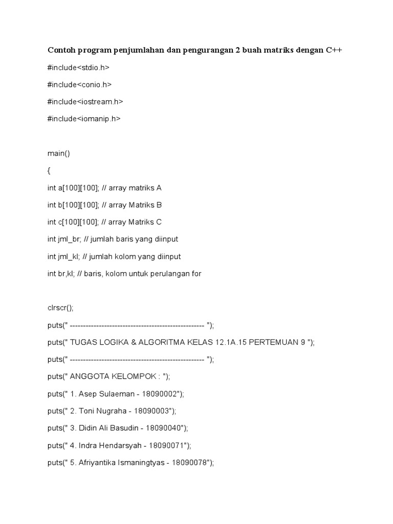 Penjumlahan dan Pengurangan Matriks C++ | PDF | Teaching Mathematics ...