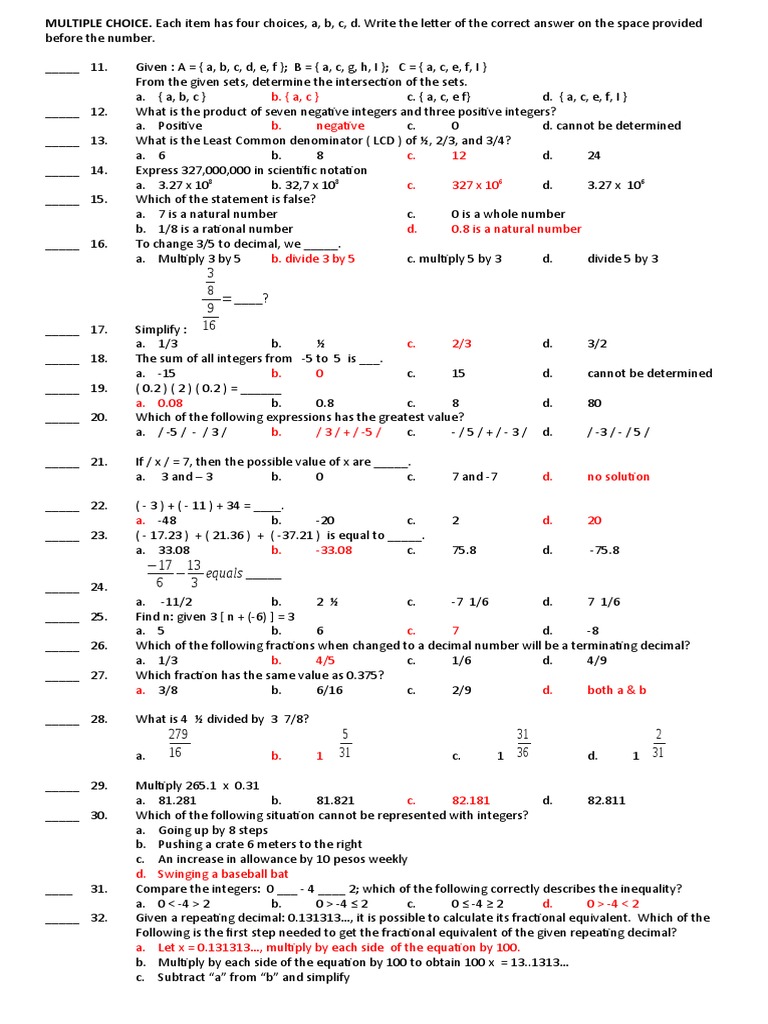 Math Multiple Choice Questions | PDF | Odds | Numbers