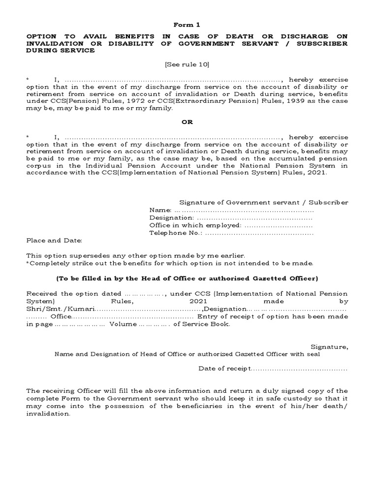 Form 1 Option To Avail Benefits in Case of Death or Discharge On ...