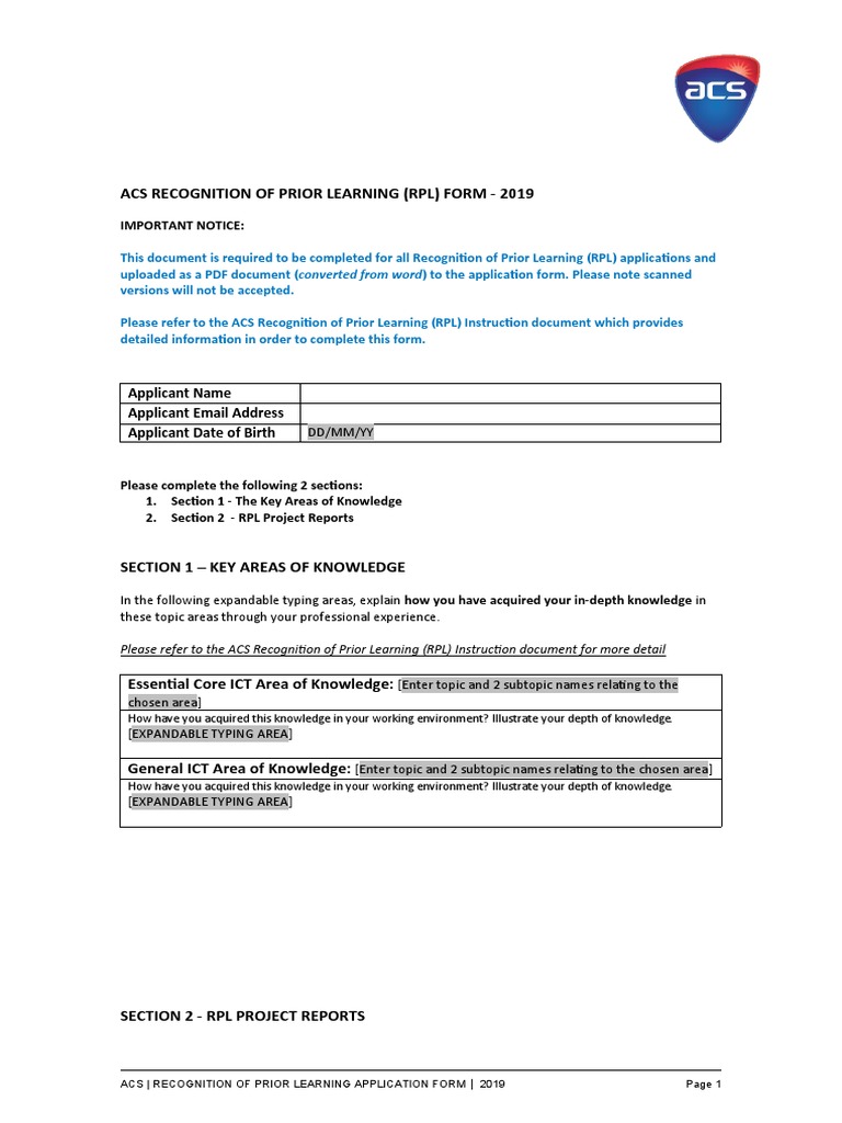 ACS Recognition of Prior Learning (RPL) Form | PDF | World Wide Web |  Internet & Web