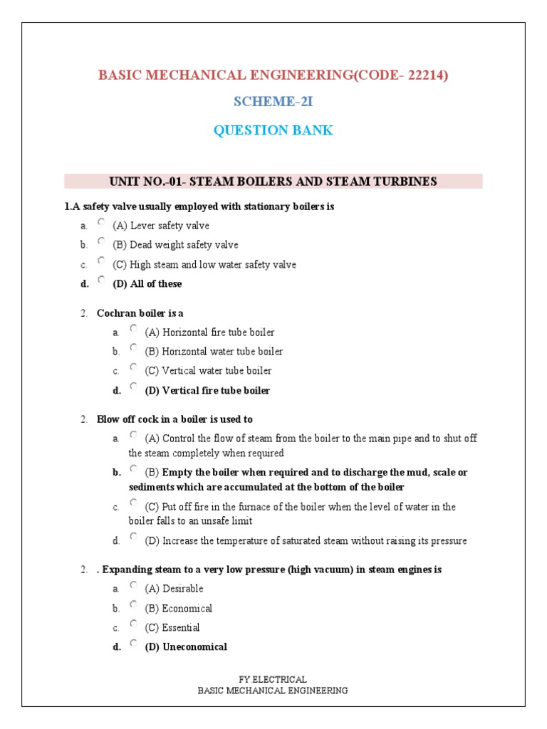 Basic Mechanical Engineering All Units Question Bank PDF Internal