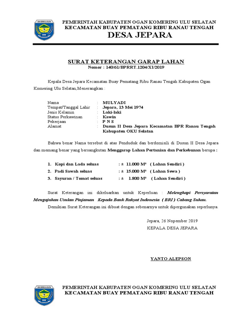 Surat Keterangan Garap Lahan Pertanian | PDF