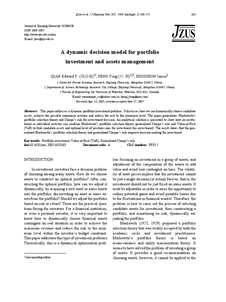 Dynamic Portfolio Investment Model | PDF | Value At Risk | Portfolio ...