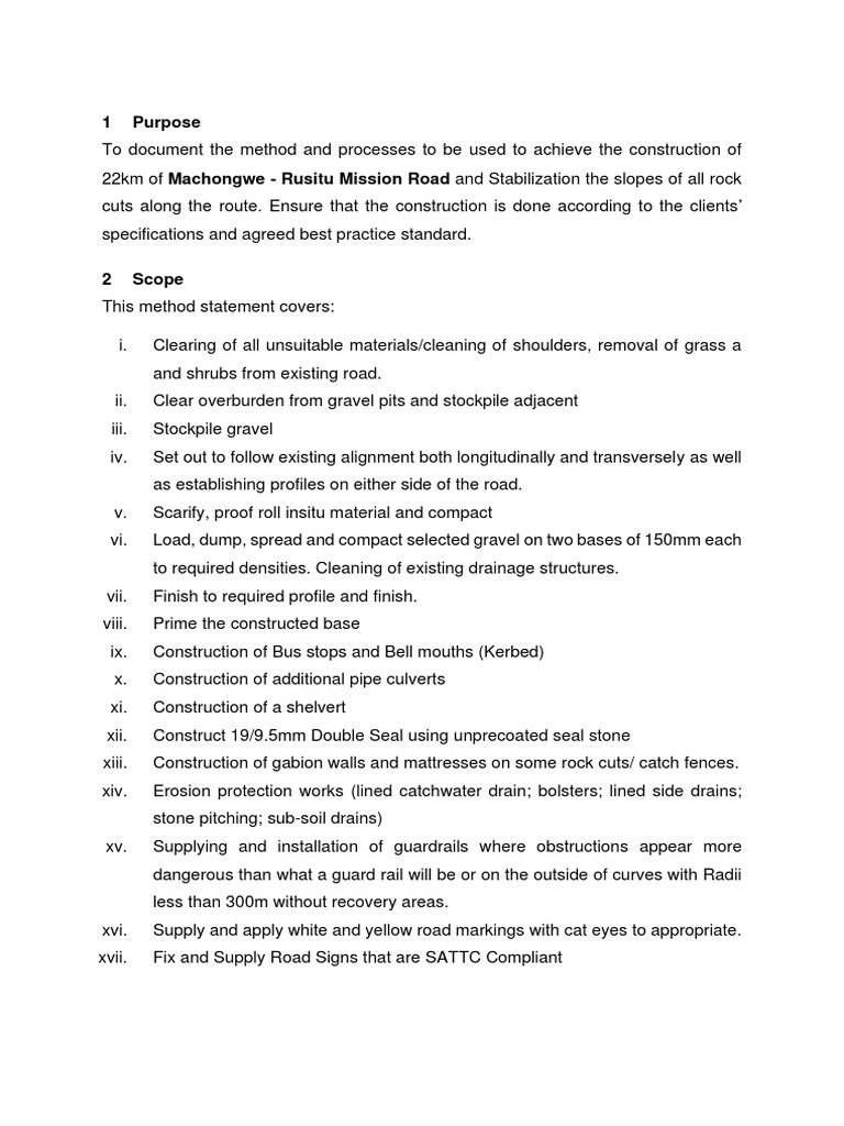 Road Construction Method Statement | PDF | Road | Concrete