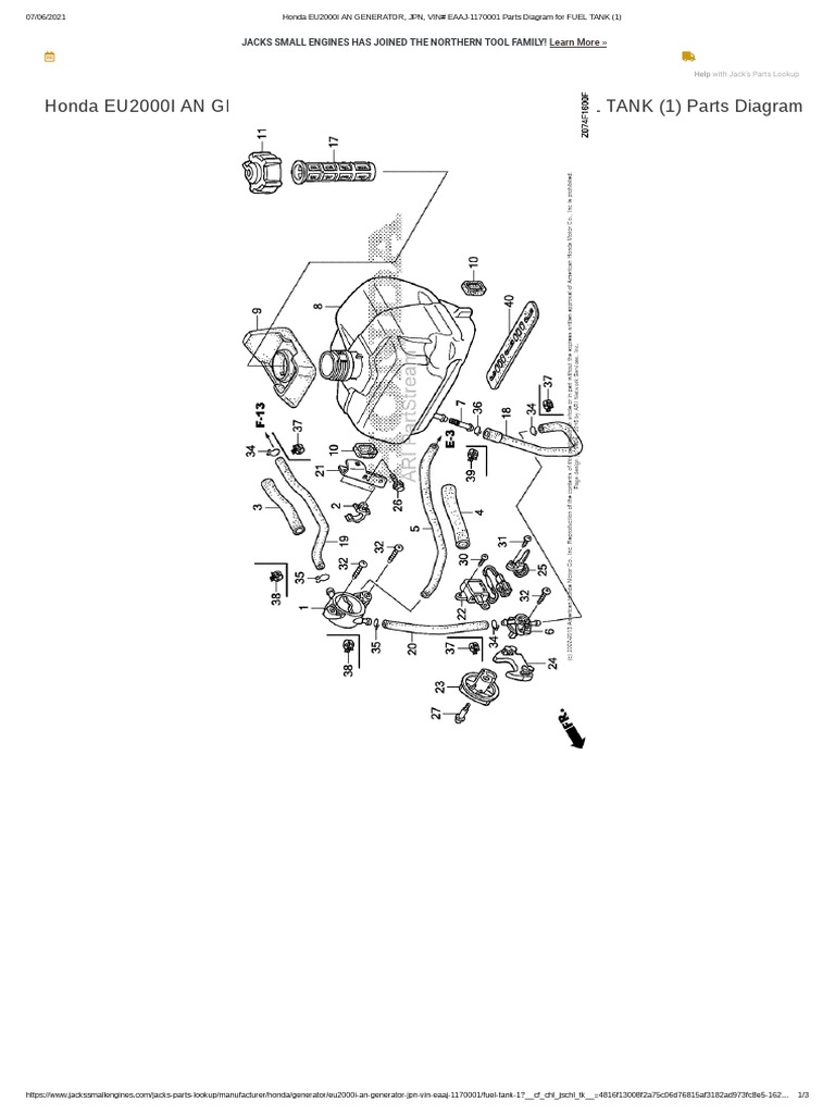 Honda EU2000I AN GENERATOR, JPN, VIN# EAAJ-1170001 Parts Diagram For FUEL  TANK | PDF | Tools | Vehicle Technology, image size:768x1024