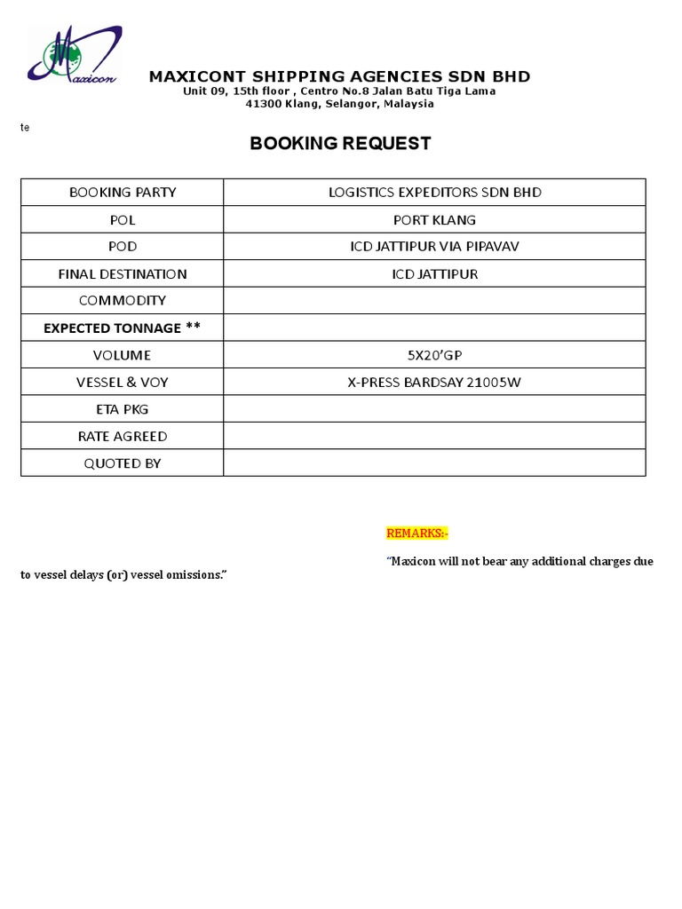 Maxicon Shipping Booking Request | PDF