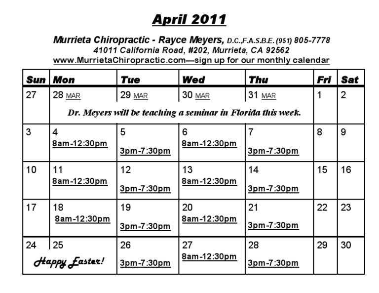 April 2011 Chiropractic Schedule | PDF