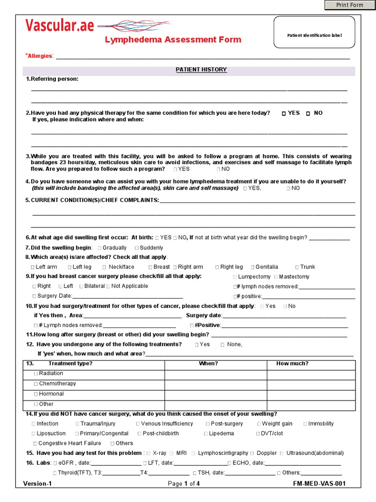 Physical Therapy Lymphedema Assessment Form PDF Edema Medical