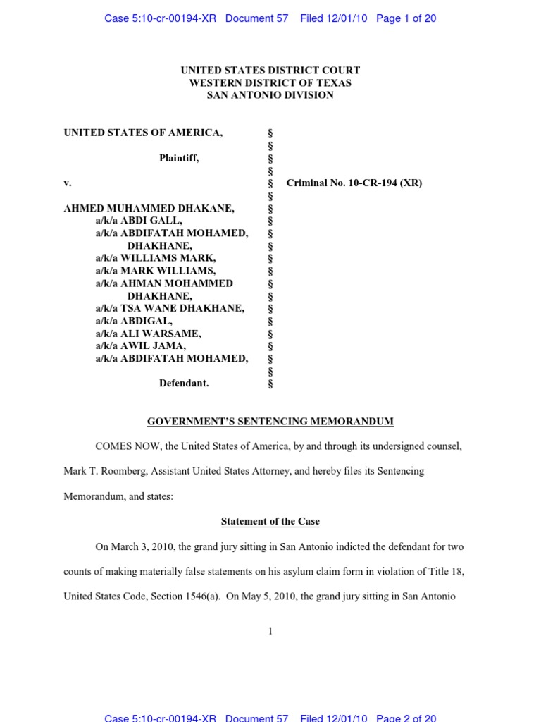 Ahmed Dhakane DOJ Sentencing Memorandum PDF United States Federal
