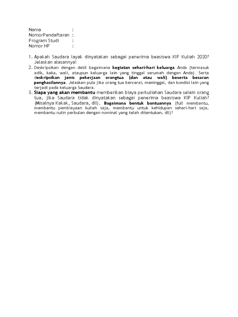 Form Deskripsi Pekerjaan Orang Tua (Pemegang KIP-K) | PDF