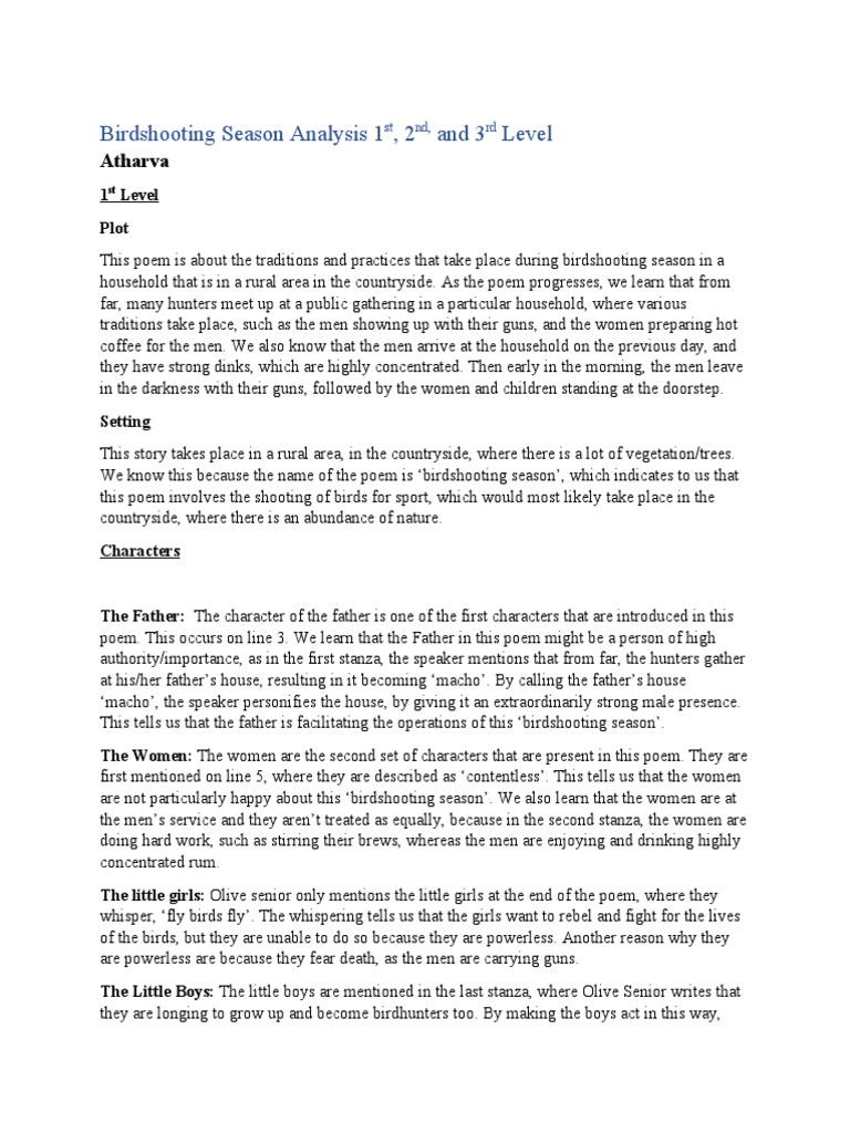Birdshooting Season Analysis All Levels | PDF | Poetry | Narration
