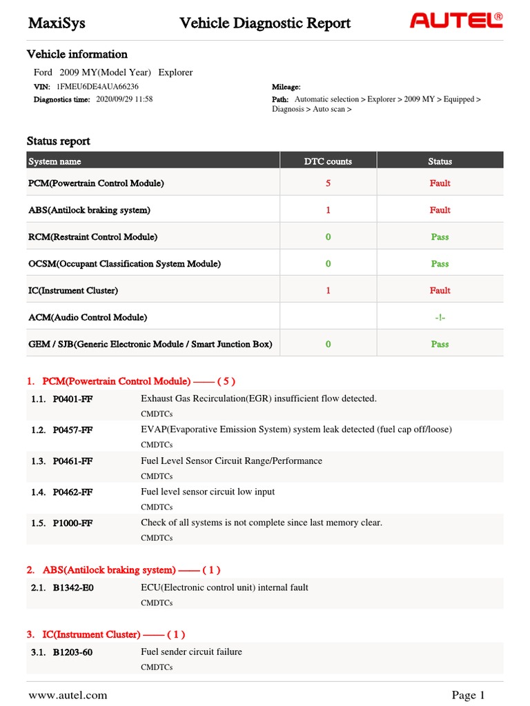 Maxisys Vehicle Diagnostic Report | PDF