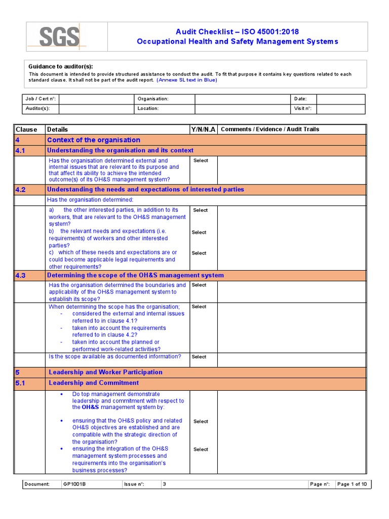 Audit Checklist Iso 450012018 Occupational Health And Safety