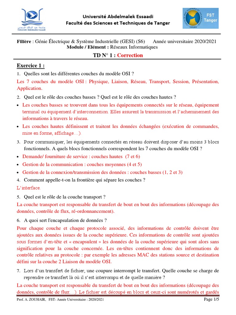 Exercice Corrigé Modele Osi Et Tcp/ip Pdf Correction TD 1 Reseaux Informatiques | PDF | Modèle OSI | Topologie de  réseau