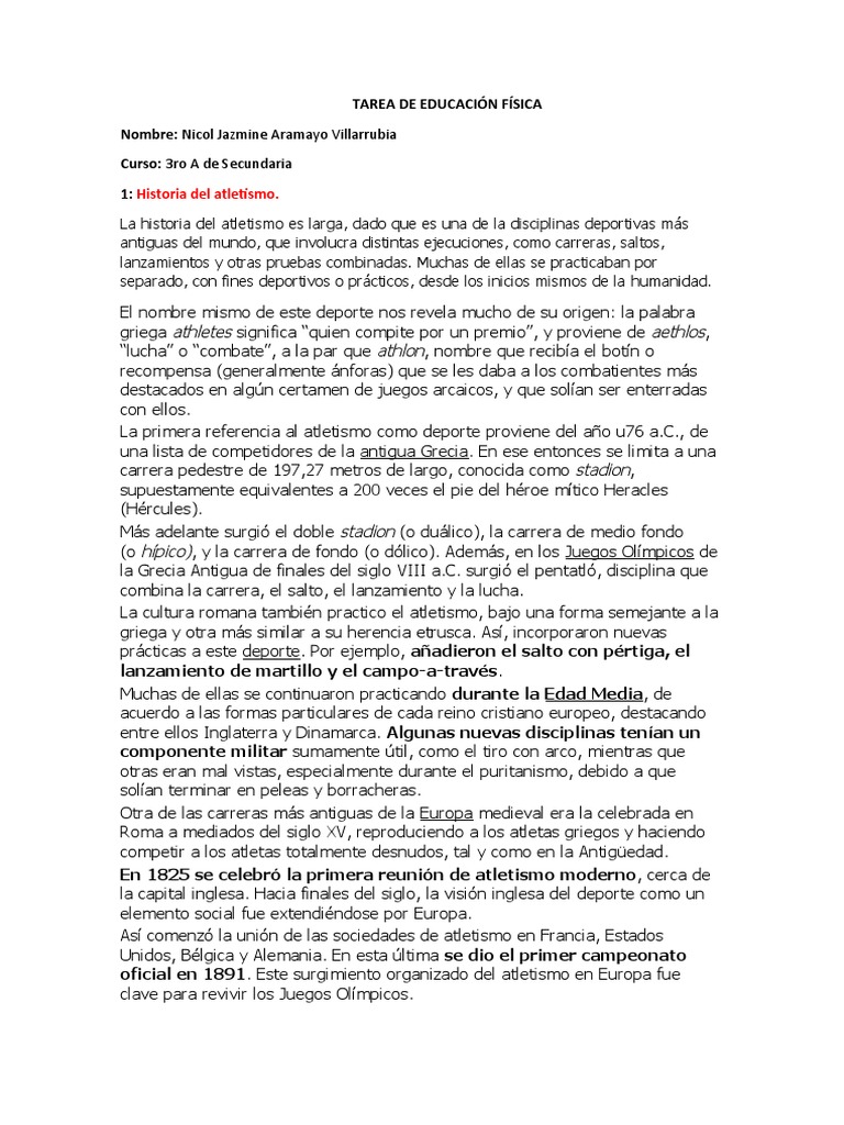 Tarea de Educación Física | PDF | Deporte del atletismo | Viajes por Europa