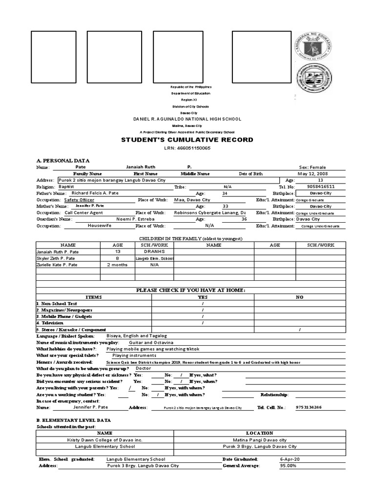 Student Cumulative Record: Janaiah Pate | PDF | Human Nature | Schools