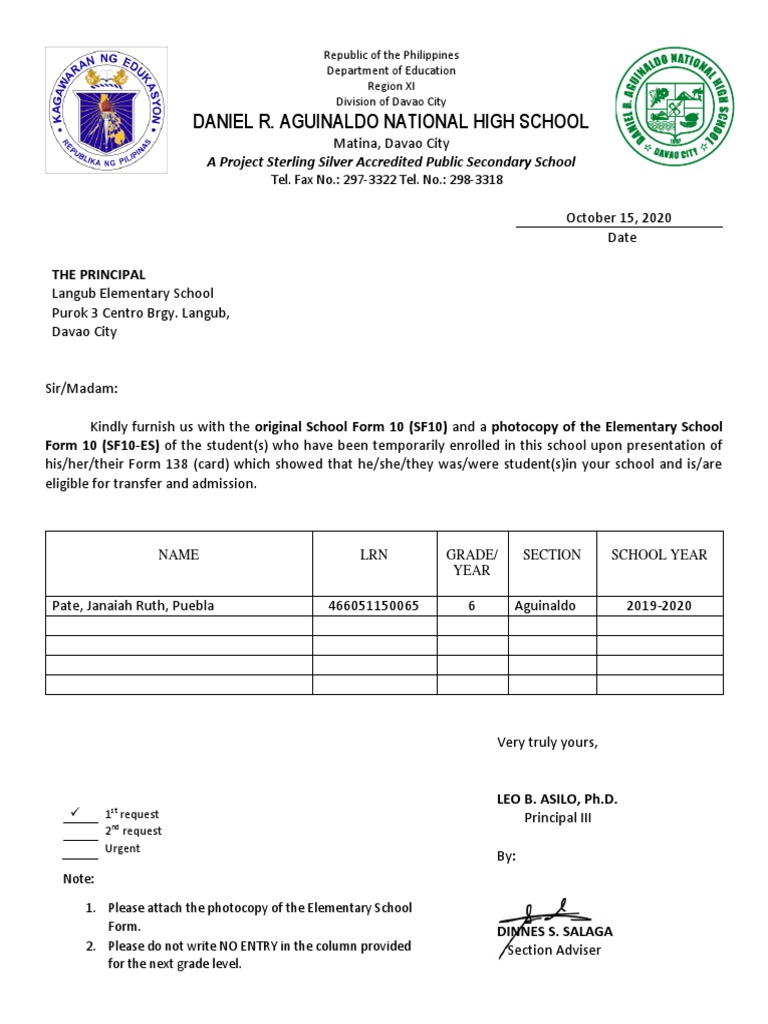 Request for Student Records from Langub | PDF
